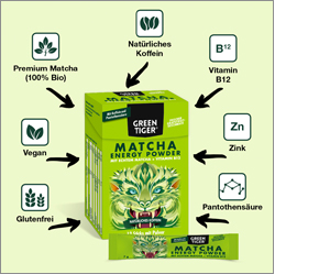 GREEN TIGER Matcha Energy Powder Sticks, 12X7 g
