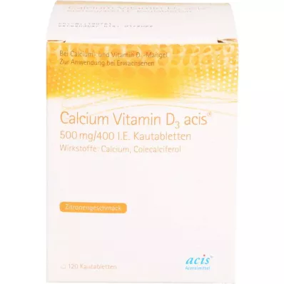 CALCIUM VITAMIN D3 acis 500 mg/400 I.U. žuvacie tablety, 120 ks